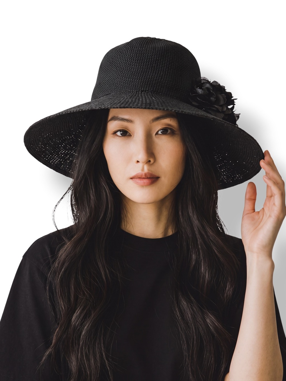 4/$20 Wallaroo Victoria Diva Black Wide Brim Floral Sun Hat Derby Church